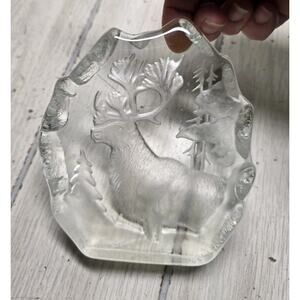 Vtg Handcrafted Lead Crystal Moose Caribou Paperweight Romania Winter Scene